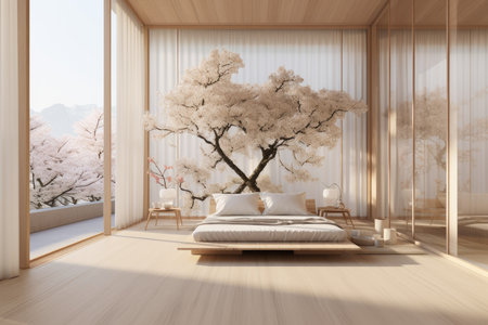 Japan interior design concept. Double bed, parquet. Japanese minimalist interior. Generative AIの素材