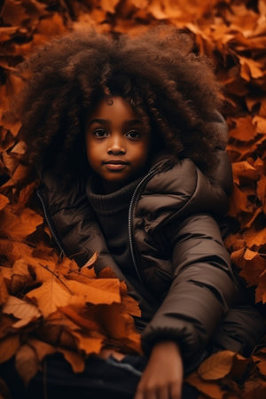 A girl with afro braids sits in a pile of tailed yellowed leaves. Autumn concept. Generative AIの素材