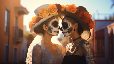 Two women in a festive image. The concept of the Day of the Dead or Halloween, Katrina. Monogamous couples. Generative AIの素材