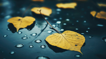 Yellow leaves with drops on the surface lie, the concept of the autumn season. Generative AIの素材
