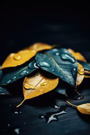 A small pile of leaves is folded on the surface. Autumn concept. Generative AIの素材