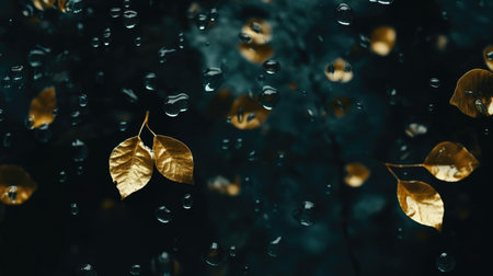 Autumn season concept, leaves and drops of water or rain. Generative AIの素材