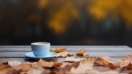 A cup on a blue saucer stands on a table on which yellow leaves lie. Side view Generative AIの素材
