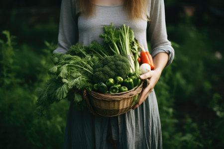 Woman holding a basket of fresh vegetables. Selective focus. nature.の素材