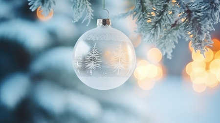 A glass ball hangs on a Christmas tree. New Year concept. Festive time. Generative AIの素材