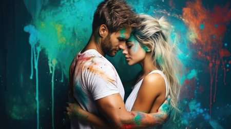 Handsome man and attractive woman covered with multicolored paint. Concept National Hugging Dayの素材