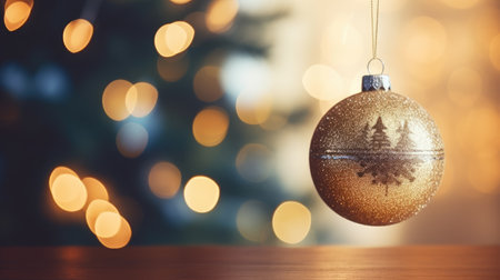 A glass ball hangs on a Christmas tree. New Year concept. Festive time. Generative AIの素材