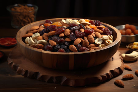 Wooden bowl with nuts and dried fruits on wooden table, closeup. Generative AIの素材
