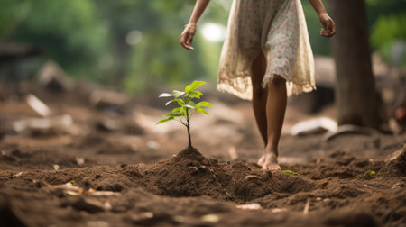 Little girl planting a tree in the garden. Save nature concept.の素材