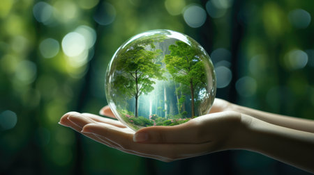 Glass ball with green forest inside, ecology concept.の素材