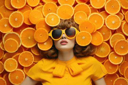 A woman lies in slices of an orange. Concept of skin health thanks to vitamin C.の素材