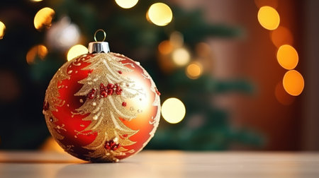 Christmas bauble on a background of a Christmas tree and bokeh. Generative AIの素材