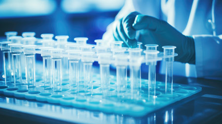 Clear glass test tubes with liquid sample for testing. Blood analysis, study of diseases in flasks. Generative AIの素材