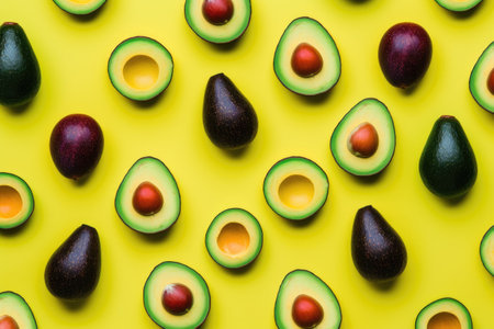 Avocado pattern on yellow background. Top view. Flat lay. Generative AIの素材