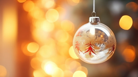 A New Year's toy hangs on the background of a Christmas tree. New Year background concept. Festive time. Generative AIの素材