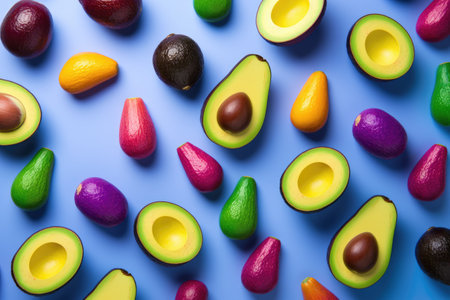 Composition with fresh ripe avocados on color background, top view. Generative AIの素材
