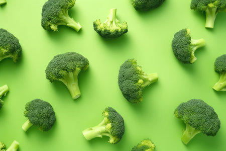 Fresh green broccoli on color background, top view. Vegetable pattern. Generative AIの素材