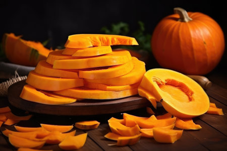 Sliced raw pumpkin on a wooden table. Selective focus. Generative AIの素材