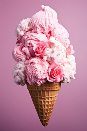 Ice cream in waffle cone with pink roses on pink background. Generative AIの素材