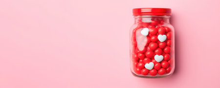 Red and white hearts in a jar on pink background. Valentine's day concept. Banner. Generative AIの素材