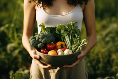 Young woman holding bowl with fresh organic vegetables in garden, closeupの素材