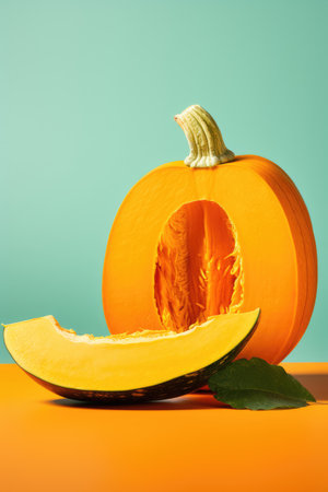 Pumpkin cut in half with green leaf on orange and blue background.の素材