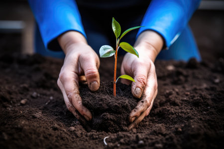 Hands of woman holding green seedling growing on fertile soil. Earth day conceptの素材