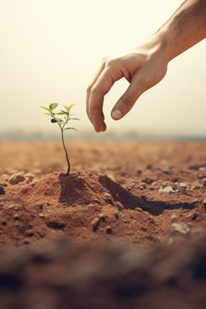 Farmer hand planting a young tree on fertile soil with copy space.の素材