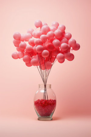Pink heart shaped balloons in a glass vase on a pink background.の素材