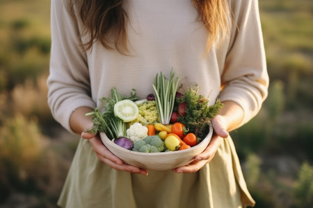 Woman holding bowl with fresh vegetables in her hands. Healthy food concept.の素材