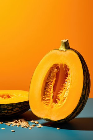 Pumpkin on a blue and orange background. Healthy food. Generative AIの素材