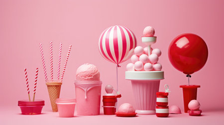 Ice cream and balloons on a pink background. Generative AIの素材