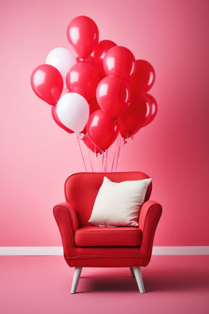 Red armchair with white and red balloons on pink wall background.の素材