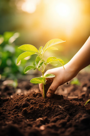 Human hand holding young plant in soil with sunlight. Earth day conceptの素材