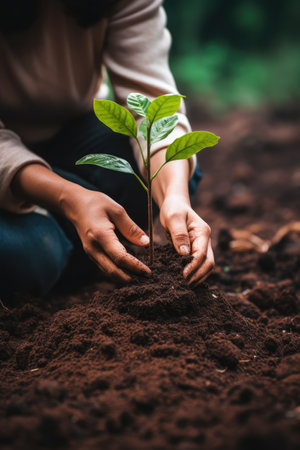 Close up of child hands planting a tree in the soil with nature backgroundの素材