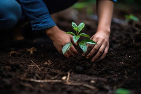 Hands of young woman planting a small tree on fertile soil.の素材