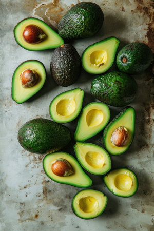 Avocado on rustic background, top view. Healthy food conceptの素材