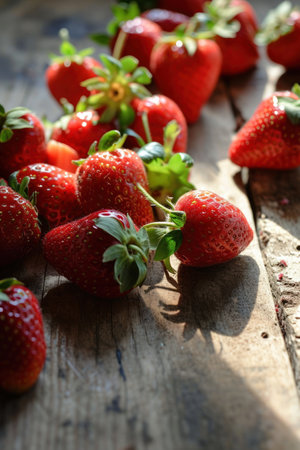 strawberries on wooden table, rustic style, selective focusの素材