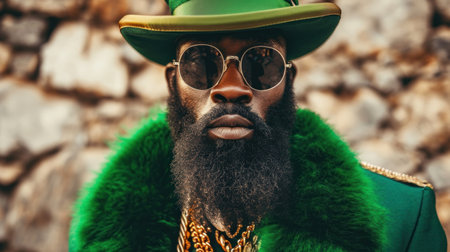 Portrait of a handsome African American man with a beard wearing a green leprechaun costume.の素材
