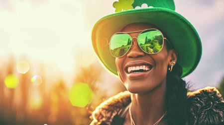 happy african american woman in leprechaun hat and sunglassesの素材