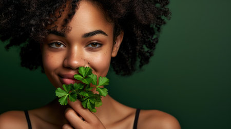 beautiful african american woman holding parsley, isolated on greenの素材