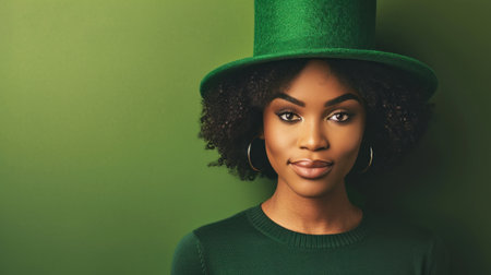 Beautiful african american woman wearing green top hat and green sweaterの素材
