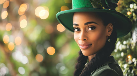 Beautiful african american woman in leprechaun hat on christmas tree backgroundの素材