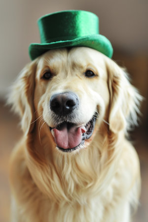 Golden retriever wearing a green top hat for St. Patrick's Dayの素材