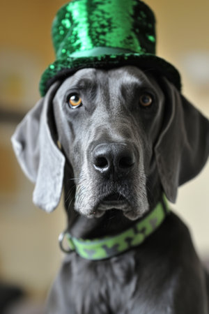 Portrait of a black Great Dane wearing a green hat and a green ribbonの素材