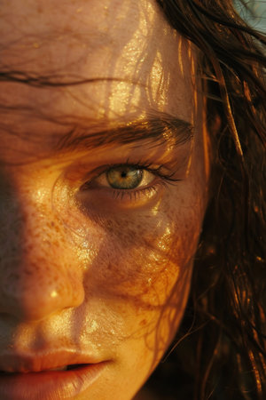 Beautiful young woman with freckles on her face and wet hairの素材
