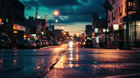 Blurred view of street at night in city.の素材