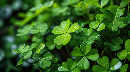 Green clover leaves with water drops closeup. Nature background.の素材
