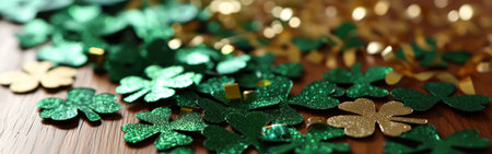 St. Patrick's Day background with shamrocks and golden confettiの素材