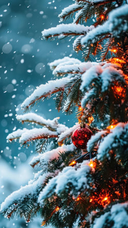 Christmas tree with red balls and garland in snowfall. Winter backgroundの素材